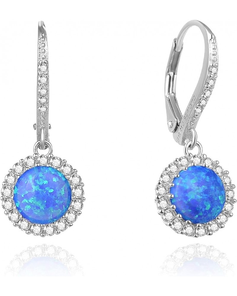 Birthstone and Created White Opal Leverback Earrings with Sterling Silver Round Shape Halo Dangle Earrings for Women Blue $20...