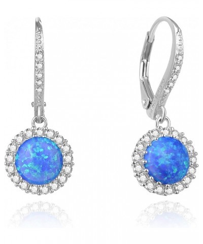 Birthstone and Created White Opal Leverback Earrings with Sterling Silver Round Shape Halo Dangle Earrings for Women Blue $20...