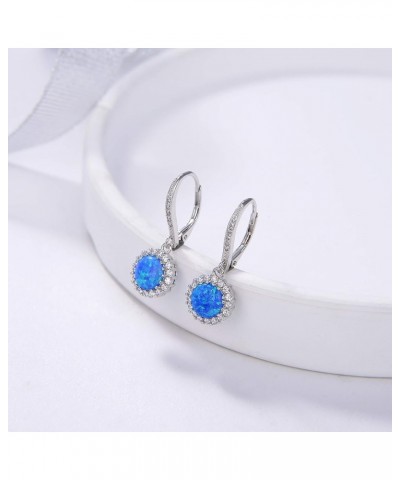 Birthstone and Created White Opal Leverback Earrings with Sterling Silver Round Shape Halo Dangle Earrings for Women Blue $20...