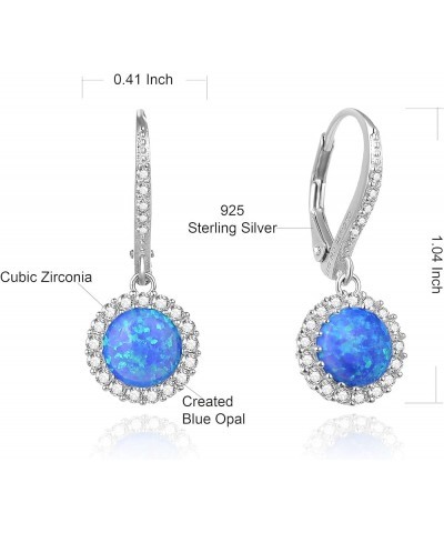 Birthstone and Created White Opal Leverback Earrings with Sterling Silver Round Shape Halo Dangle Earrings for Women Blue $20...