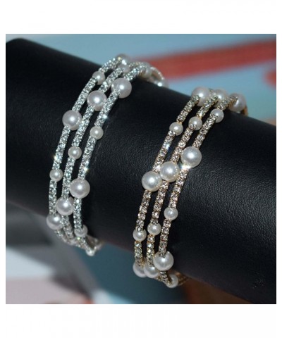 Rhinestone Bracelet for Women Pearl Bracelets Silver Crystal Cuff Bracelets Multilayer Stackable Bracelet Set for Women Weddi...