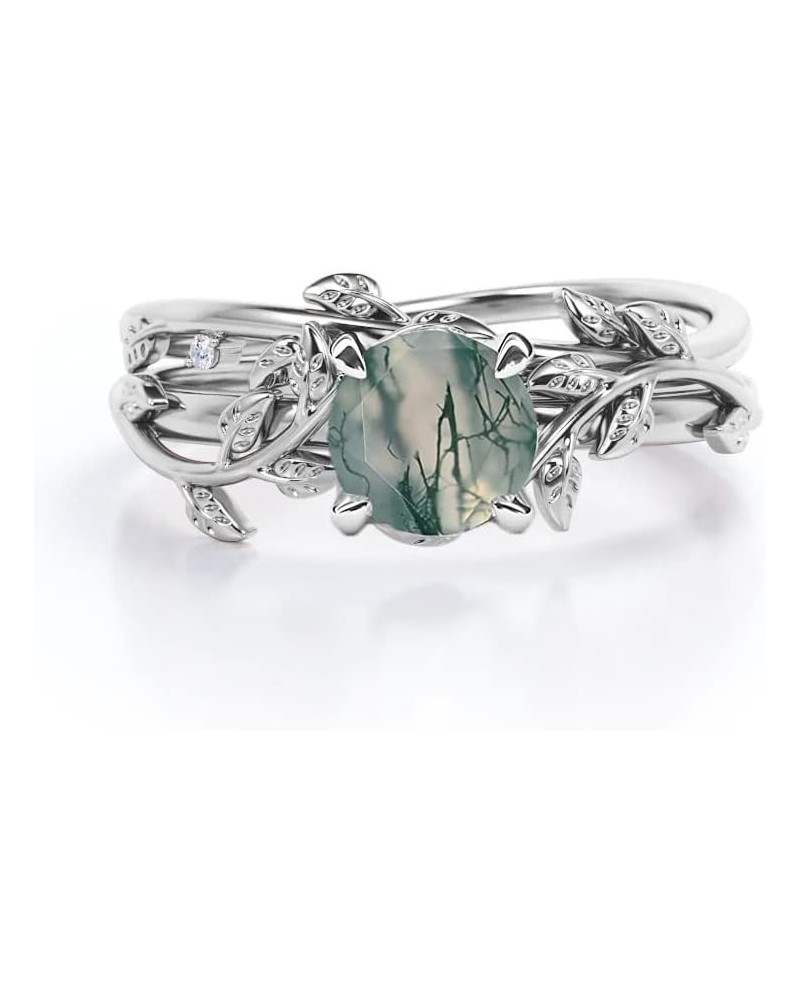 Moss Agate Ring for Women Sterling Silver 10k/14k/18k Custom Emerald Green Stone Agate Ring Leaf Wedding Promise Ring Moss Ag...