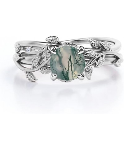 Moss Agate Ring for Women Sterling Silver 10k/14k/18k Custom Emerald Green Stone Agate Ring Leaf Wedding Promise Ring Moss Ag...