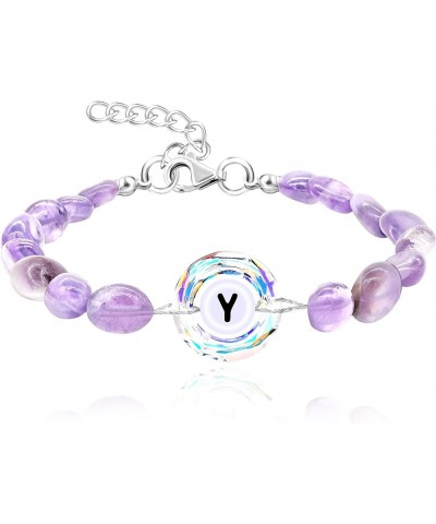 Purple Natural Stone and Austrian Crystal Letter Bracelet, Personalized Initial Jewelry for Women A-Z 26 Letters y2367-Multi-...