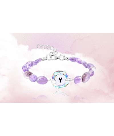 Purple Natural Stone and Austrian Crystal Letter Bracelet, Personalized Initial Jewelry for Women A-Z 26 Letters y2367-Multi-...