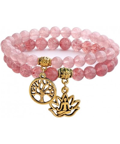 Natural Semi Precious Gemstone Beads Yoga Bracelet for Women, Tree of Life and Lotus Charm Energy Healing Reiki Crystal Stret...