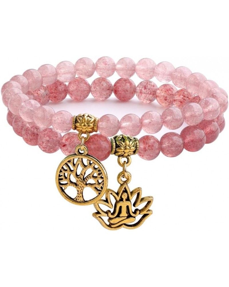 Natural Semi Precious Gemstone Beads Yoga Bracelet for Women, Tree of Life and Lotus Charm Energy Healing Reiki Crystal Stret...