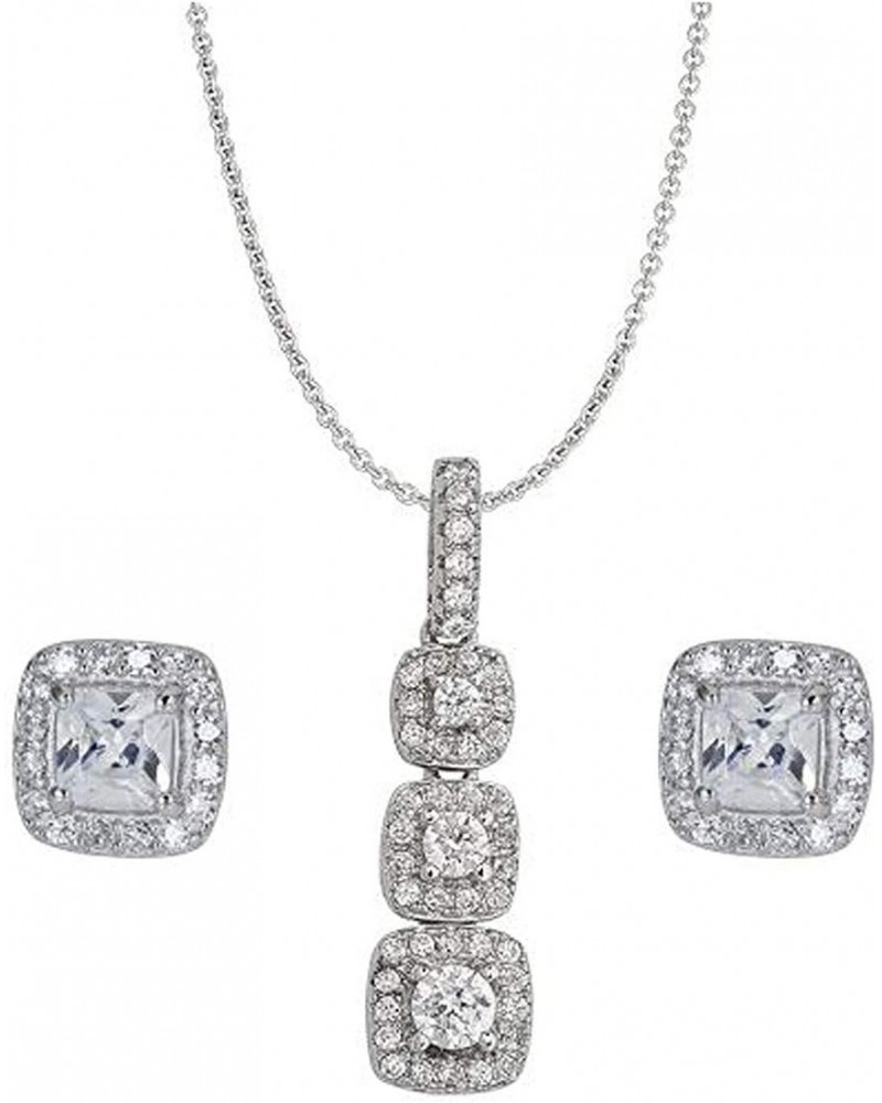 Sterling Silver Rhodium Square Halo Petite Pave Stud & 3-Stone Pave Square Halo 18" Necklace Set $17.00 Jewelry Sets