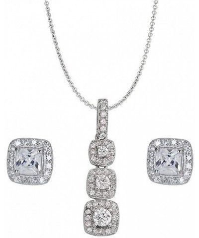 Sterling Silver Rhodium Square Halo Petite Pave Stud & 3-Stone Pave Square Halo 18" Necklace Set $17.00 Jewelry Sets