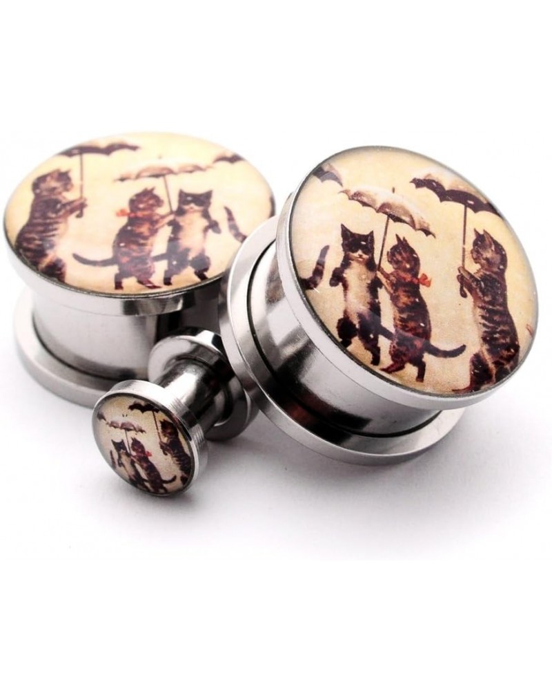 Screw on Plugs - Cats With Umbrellas Picture Plugs - Sold As a Pair 7/8" (22mm) $10.00 Body Jewelry