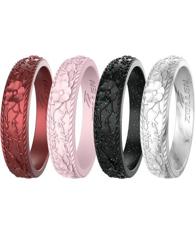 Silicone Wedding Rings for Women 1/4/7 Packs -Stackable Silicone Rubber Wedding Bands - Innovative Flower & Vine Collection 4...