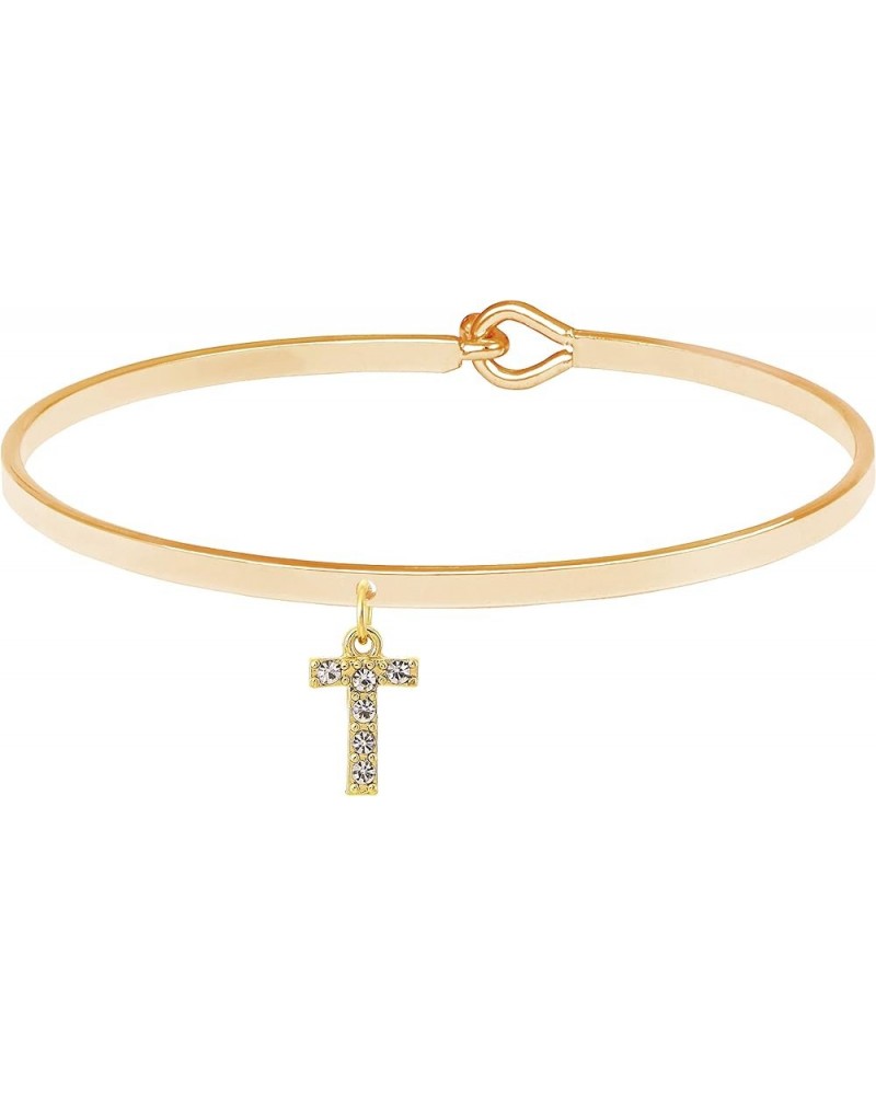 Crystal Initial Charm Bangle Bracelet with Lock for Tight Design T Gold $8.63 Bracelets