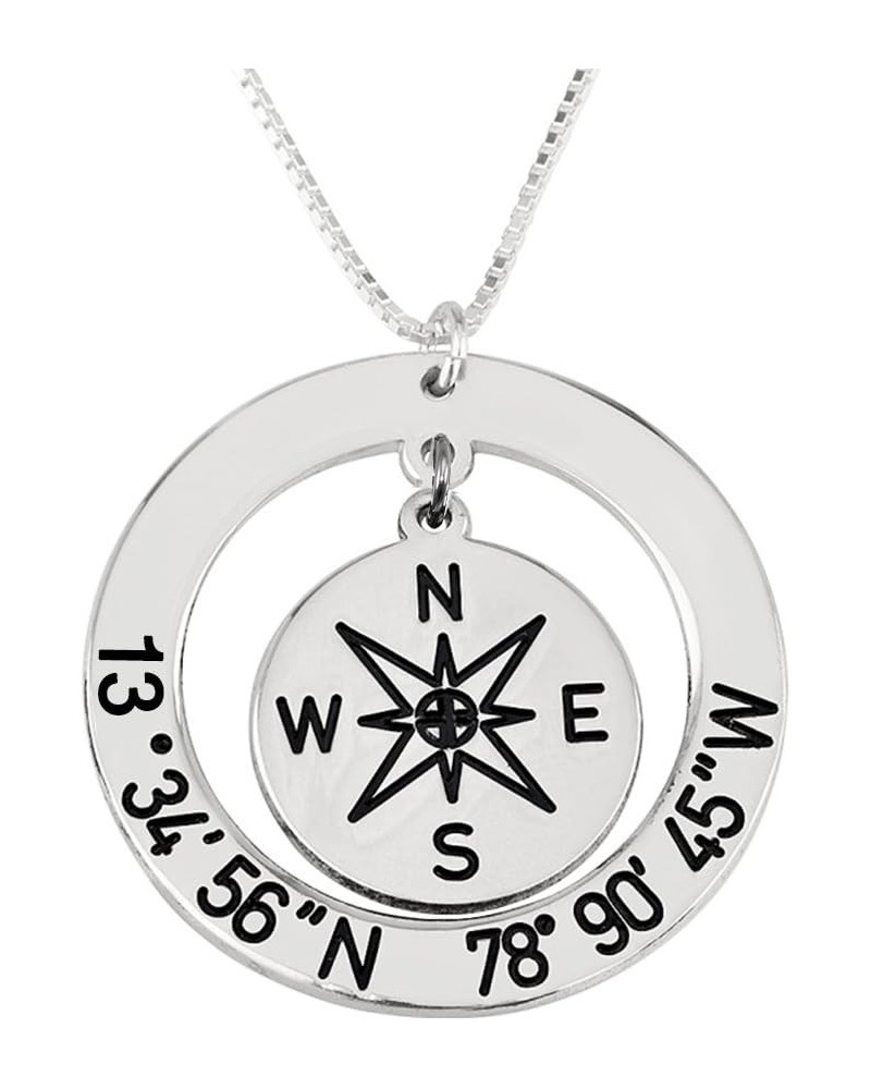 925 Sterling Silver Personalized Coordinate Compass Necklace Custom Made with Latitude Longitude Silver $23.88 Necklaces