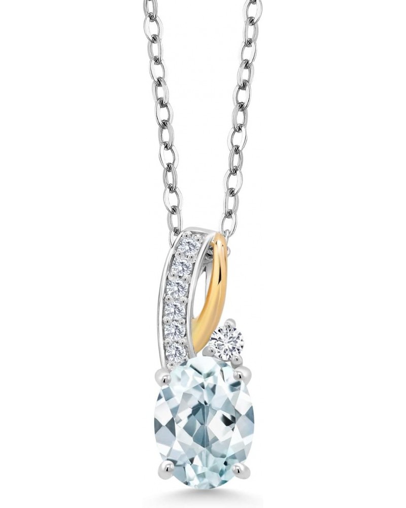 2 Tone 10K Yellow Gold and 925 Sterling Silver Sky Blue Aquamarine and White G-H Lab Grown Diamond Pendant Necklace For Women...