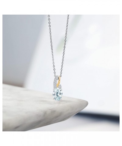 2 Tone 10K Yellow Gold and 925 Sterling Silver Sky Blue Aquamarine and White G-H Lab Grown Diamond Pendant Necklace For Women...