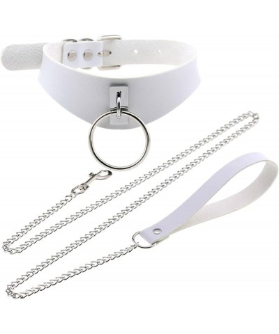 Punk Hauling Chain PU Leather Collar Metal Ring Choker Gothic Necklace NightClub Goth Leash Belts Adjustable Size White $9.93...