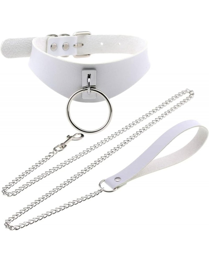 Punk Hauling Chain PU Leather Collar Metal Ring Choker Gothic Necklace NightClub Goth Leash Belts Adjustable Size White $9.93...