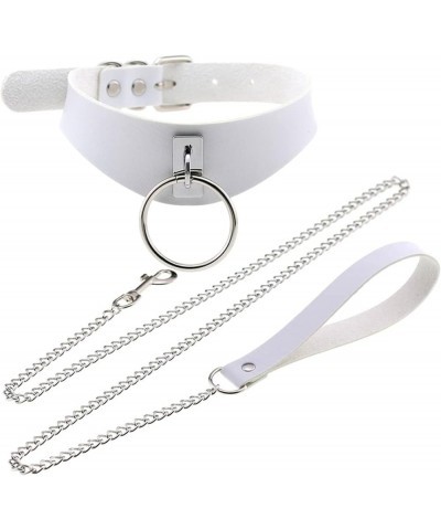 Punk Hauling Chain PU Leather Collar Metal Ring Choker Gothic Necklace NightClub Goth Leash Belts Adjustable Size White $9.93...