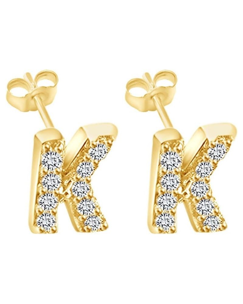 Round Cut White Cubic Zirconia Alphabet A-Z Letter Initial Stud Earrings In 14k Yellow Gold Over Sterling Silver "K" - Initia...