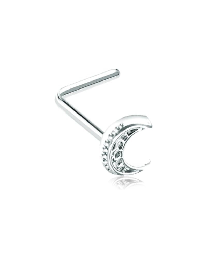 Filigree Moon L-Bend Rhodium Plated Steel Nose Stud Ring 20 GA, 9/32", Steel $9.34 Body Jewelry