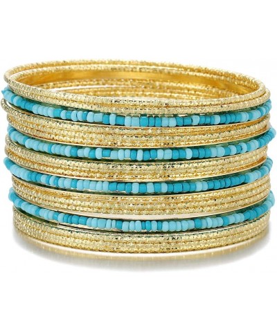 Acrylic Pearl-Beads/Glass Seedbeads Mixed Metal Bangles Bracelets For Women Set of 17 Shiny Gold/Blue Tone $8.09 Bracelets