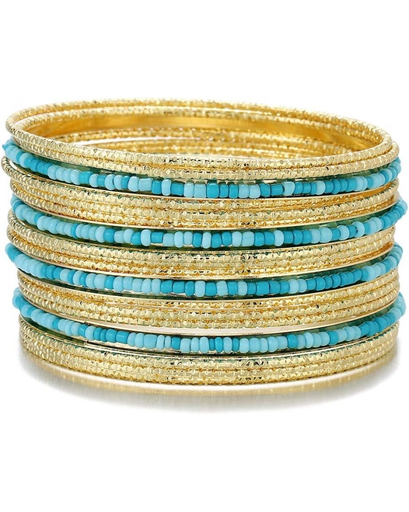 Acrylic Pearl-Beads/Glass Seedbeads Mixed Metal Bangles Bracelets For Women Set of 17 Shiny Gold/Blue Tone $8.09 Bracelets