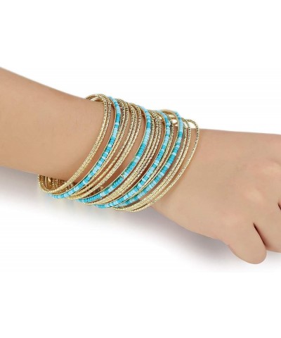 Acrylic Pearl-Beads/Glass Seedbeads Mixed Metal Bangles Bracelets For Women Set of 17 Shiny Gold/Blue Tone $8.09 Bracelets