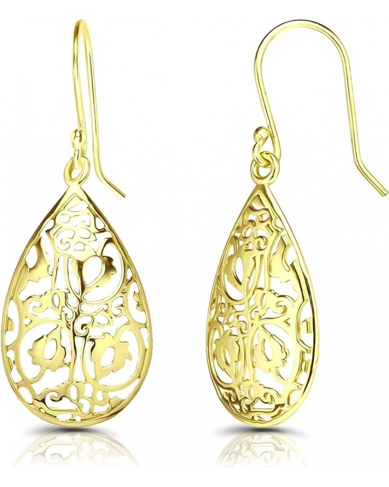 925 Sterling Silver Teardrop Filigree Dangle Hook Earrings for Women and Teen Girls, Silver, Yellow and Rose Gold Flashed Ste...