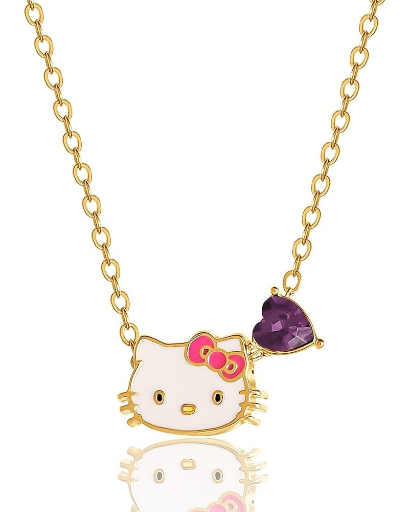 Sanrio Womens Crystal Birthstone Necklace 16 + 2'', 18kt Yellow Gold Flash Plated Necklace Official License February-Amethyst...