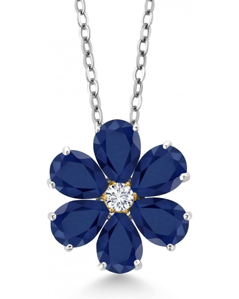 925 Sterling Silver and 10K Yellow Gold Blue Sapphire and White Lab Grown Diamond Pear Shape Flower Pendant Necklace For Wome...