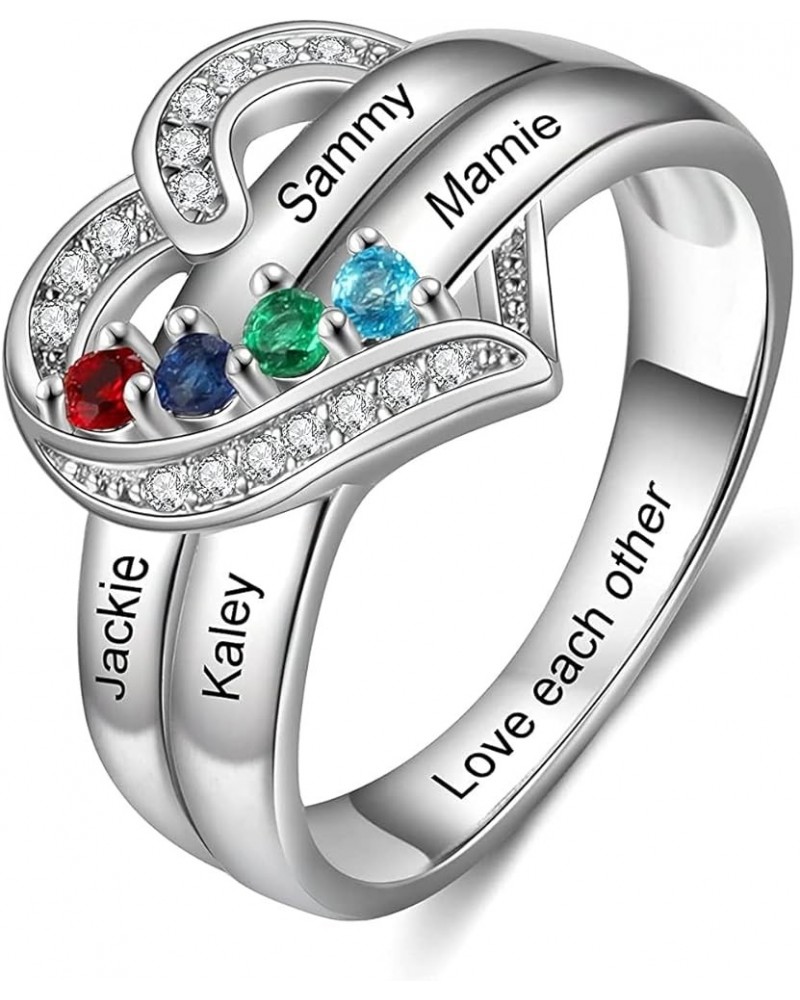 Mothers Day Gifts for Mom Women Personalized Mother Daughter Ring with 4 Simulated Birthstones and Names 18K White Gold Fille...