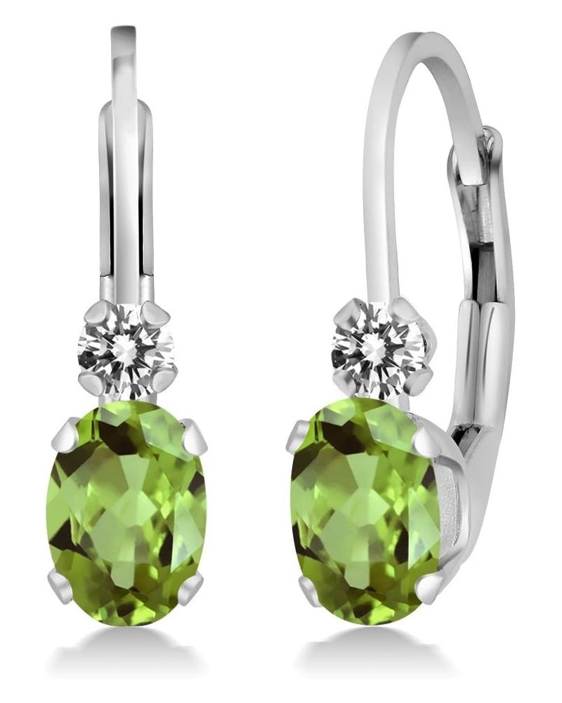 14K White Gold Green Peridot and White Diamond Leverback Earrings For Women | 1.07 Cttw | Gemstone August Birthstone | Oval 6...