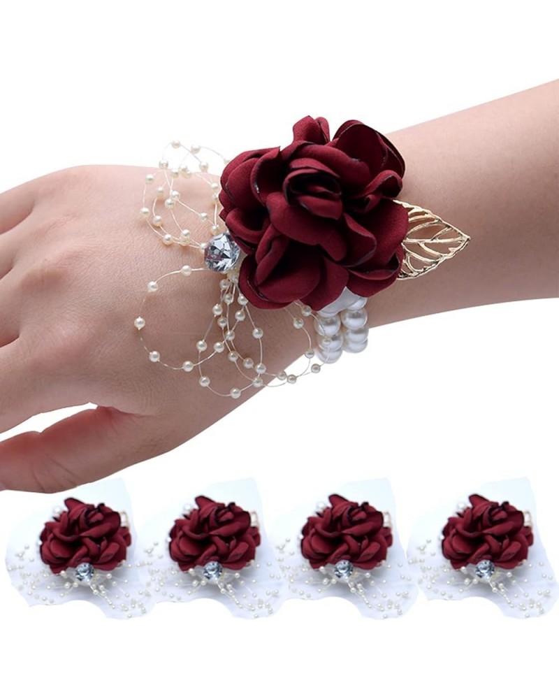 4Pcs Bridesmaid White Pearl Wrist Corsage Bracelet Wristlet Band Bridal Dusty Corsage Girl Women Hand Flowers Boutonnieres fo...