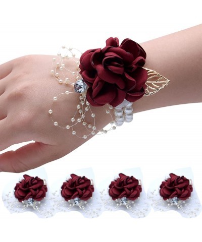 4Pcs Bridesmaid White Pearl Wrist Corsage Bracelet Wristlet Band Bridal Dusty Corsage Girl Women Hand Flowers Boutonnieres fo...