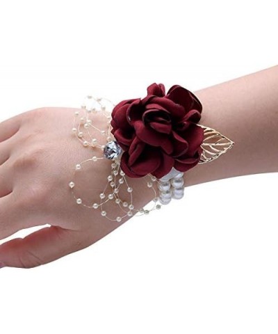 4Pcs Bridesmaid White Pearl Wrist Corsage Bracelet Wristlet Band Bridal Dusty Corsage Girl Women Hand Flowers Boutonnieres fo...