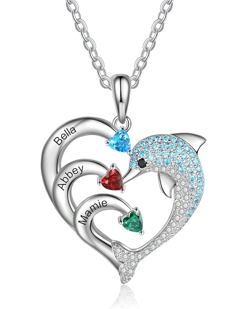 Personalized Dolphin Pendant Necklace 925 Sterling Silver Dolphin Necklace Customized Love Heart Name Necklace with Birthston...