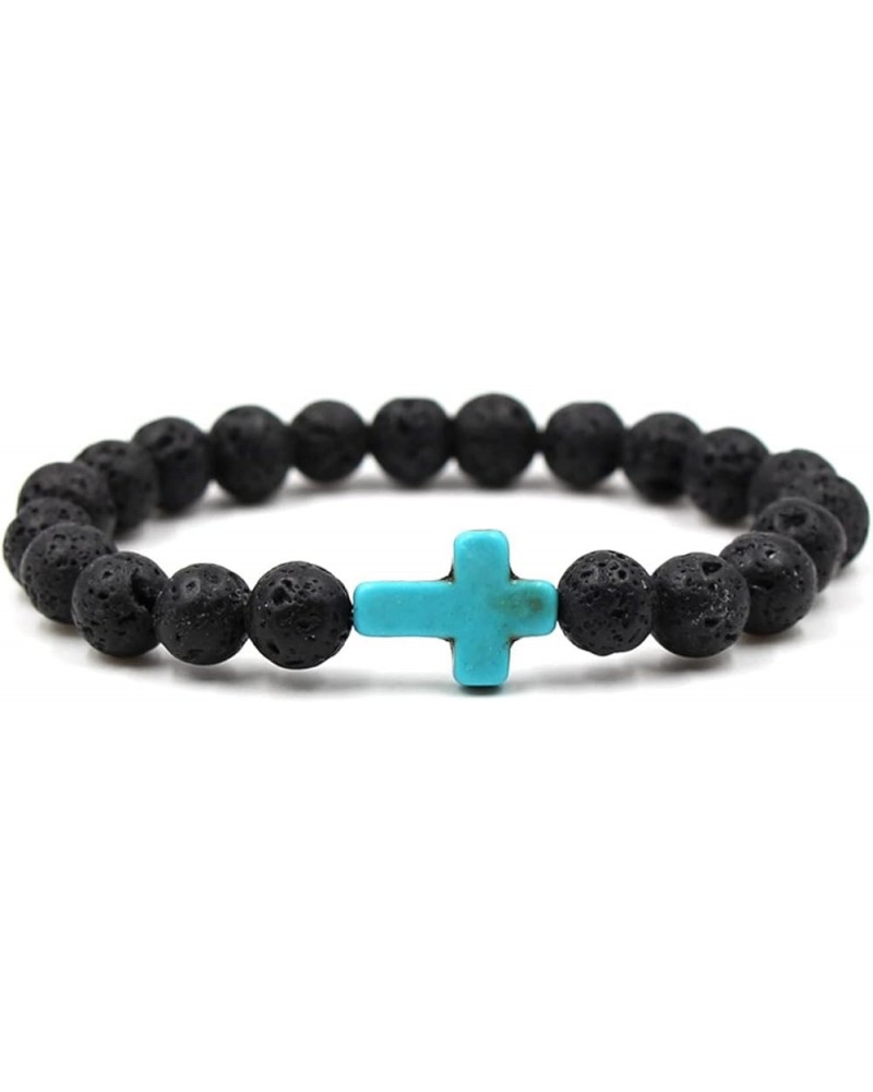 2Pcs Lava Rock Stone Beaded Bracelet, Cross Charm Natural Volcanic Stone beads Turquoise Stretch Bracelet for Women Men Relig...