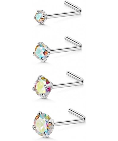 4pcs Surgical Steel Nose Rings Studs 1.5mm/2mm/2.5mm/3mm CZ L Shaped,22g,Silver with AB CZ $6.04 Body Jewelry