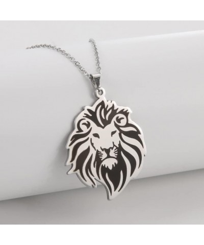 Lion Pendant Necklace Stainless Steel Chain Classic Animal King Jewelry for Women Men Girls Boys Gifts Silver $7.64 Necklaces