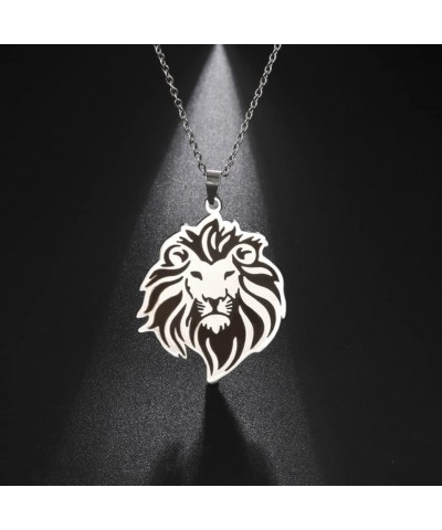 Lion Pendant Necklace Stainless Steel Chain Classic Animal King Jewelry for Women Men Girls Boys Gifts Silver $7.64 Necklaces