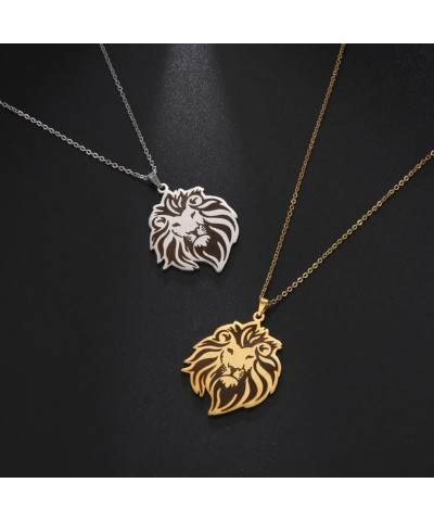 Lion Pendant Necklace Stainless Steel Chain Classic Animal King Jewelry for Women Men Girls Boys Gifts Silver $7.64 Necklaces