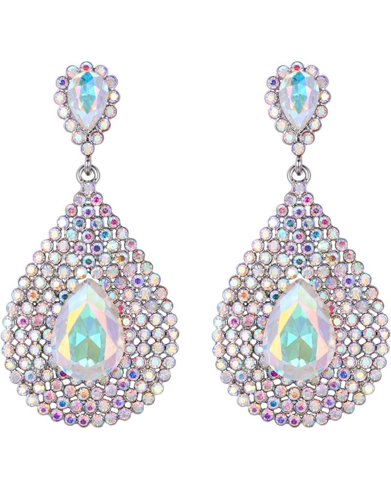 Rhinestone Crystal Wedding Bridal Hollow Teardrop Dangle Earrings for Women Iridescent Clear AB Silver-Tone $10.62 Earrings