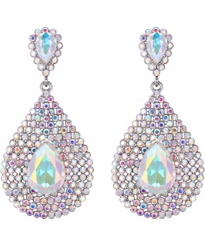 Rhinestone Crystal Wedding Bridal Hollow Teardrop Dangle Earrings for Women Iridescent Clear AB Silver-Tone $10.62 Earrings