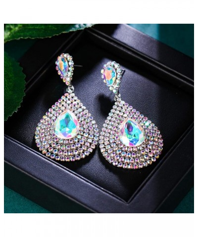 Rhinestone Crystal Wedding Bridal Hollow Teardrop Dangle Earrings for Women Iridescent Clear AB Silver-Tone $10.62 Earrings