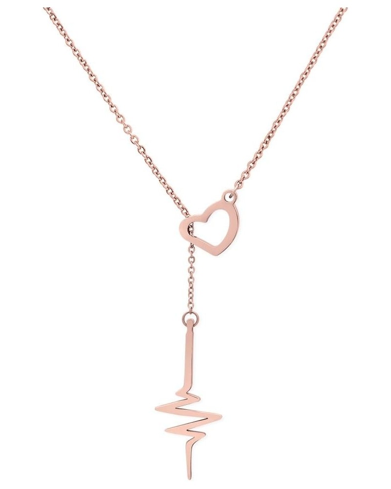 18k Stainless-Steel Heart Beat Love Cardiogram Lariat Y Necklace Rose gold $8.19 Necklaces