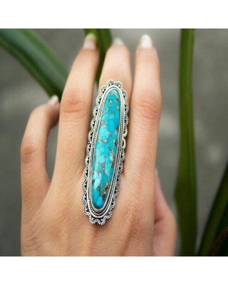 Vintage Sterling Silver Ring with Genuine Turquoise Long Cut Natural Bohemia Turquoise Moonstone Solitaire Rings Jewelry Gift...