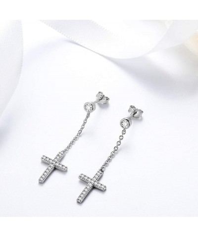 Mens Small Cross Earrings,925 Sterling Silver Earrings Dangle for Men Women,Crystal Drop Cross Hoop Earrings Fashion Earrings...