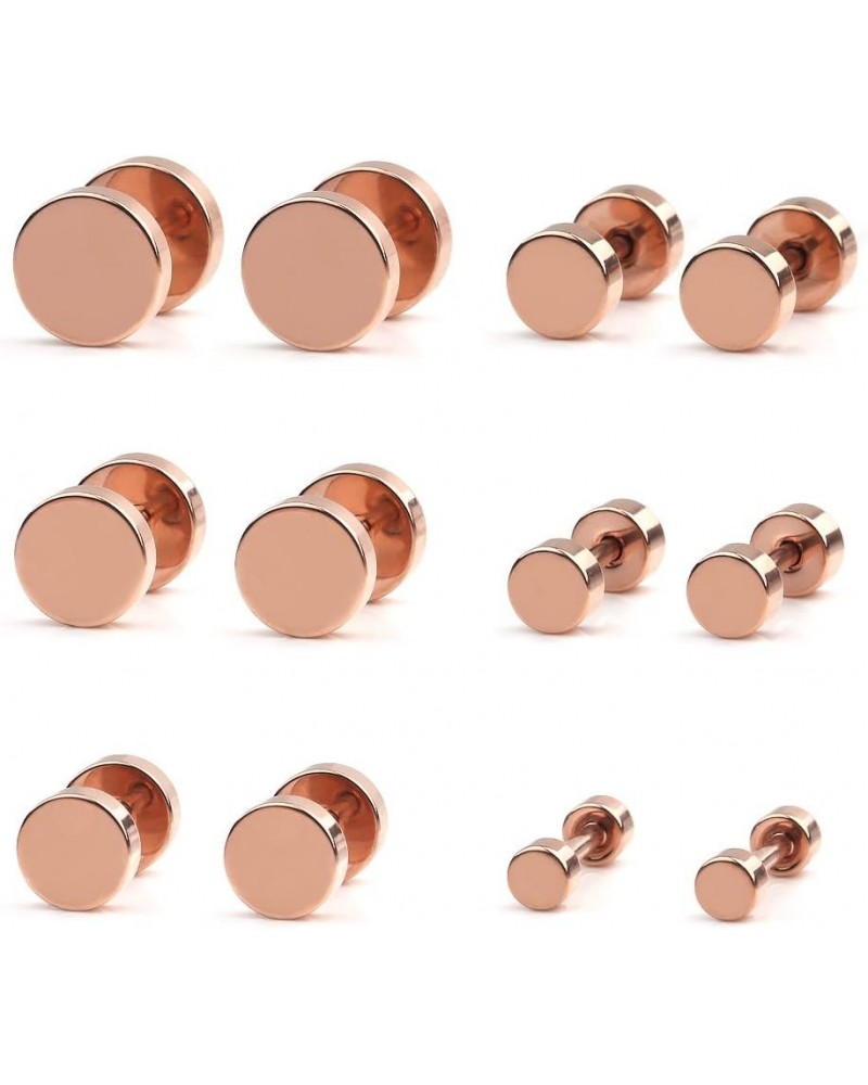 18G Stainless Steel Mens Womens Faux Gauges Ear Plugs Tunnel Earrings Stud 3-8mm 6Pairs 6Pairs - Rose Gold $8.09 Earrings