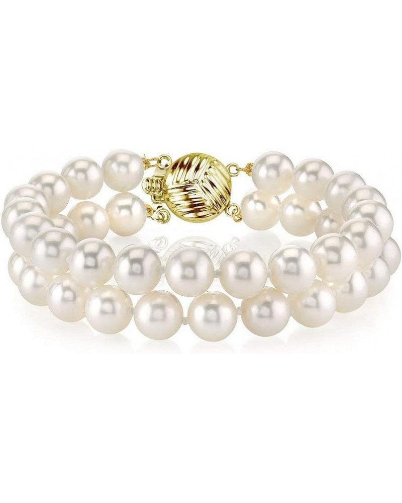 14K Gold AAAA Quality Round White Freshwater Cultured Pearl Double Strand Bracelet for Women 8.0 Inches 7.0mm $120.36 Bracelets