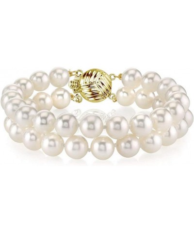 14K Gold AAAA Quality Round White Freshwater Cultured Pearl Double Strand Bracelet for Women 8.0 Inches 7.0mm $120.36 Bracelets